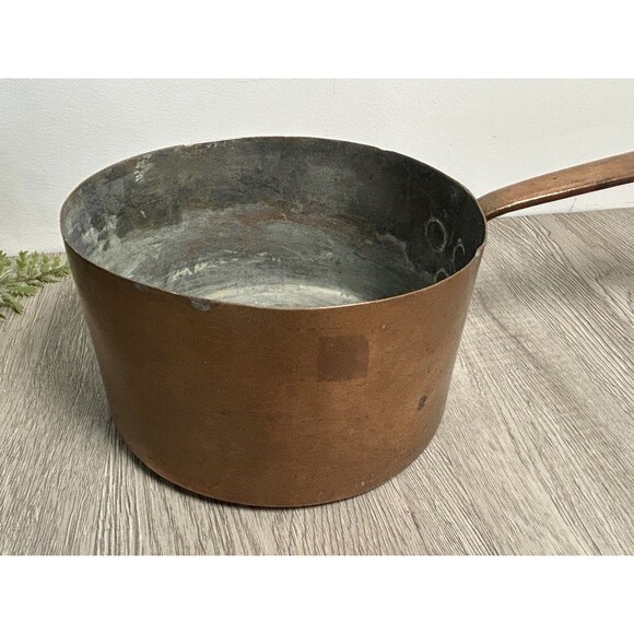 Antique Copper Cookware Sauce Pot Pan Tinned Copper Hand Wrought 6.5” - Picture 2 of 16